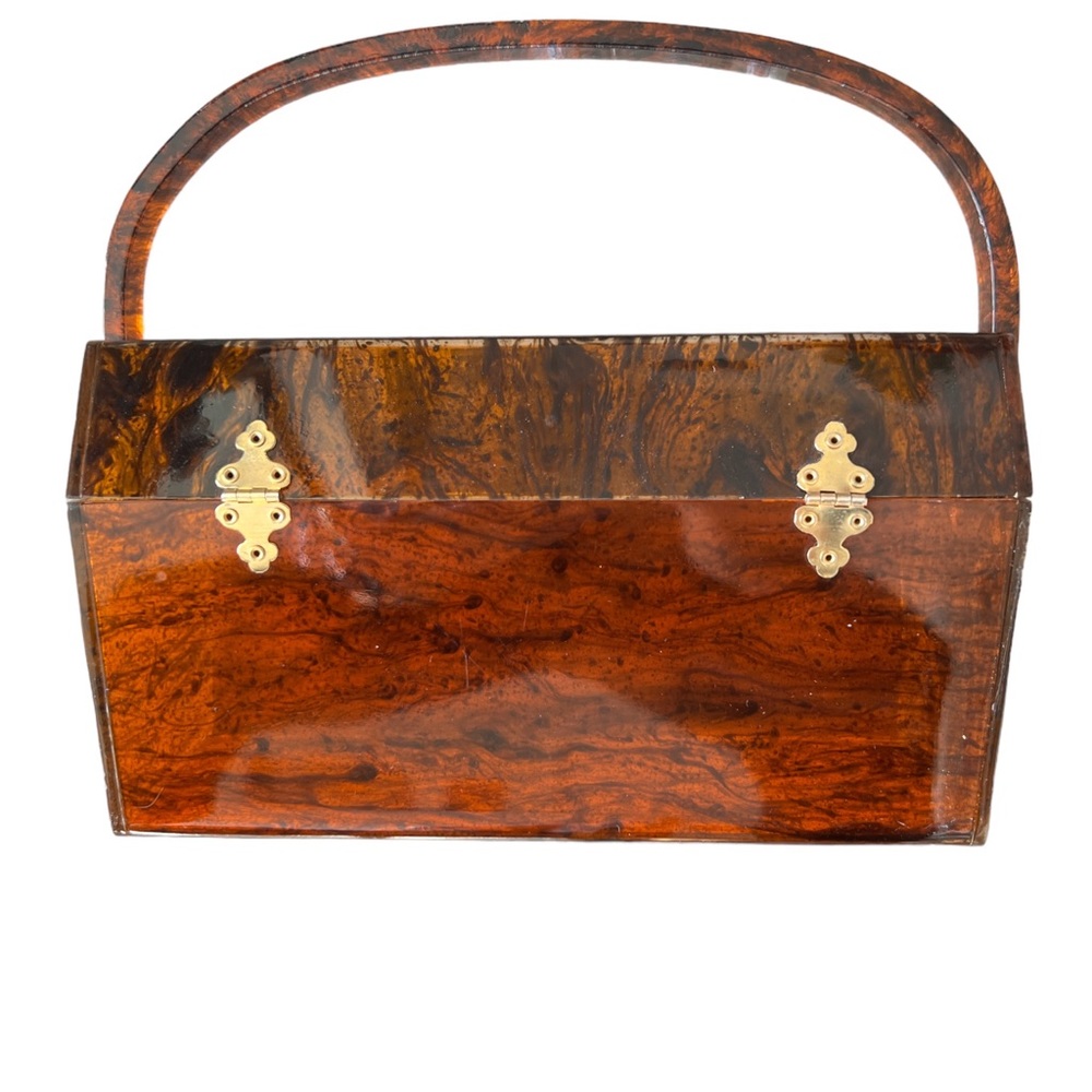 Vintage 50s Tortoiseshell Lucite Box Bag Acrylic Mini Purse Rare Mid Century - Picture 4 of 14